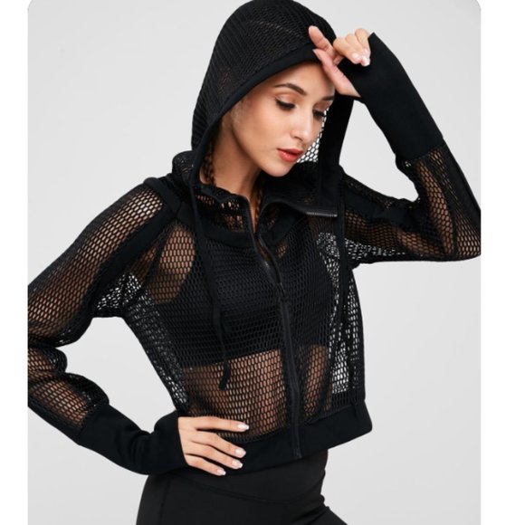 ERMANNA Black Mesh Hoodie Long Sleeve Zip-Up Jacket Size M New without Tag - Picture 2 of 7